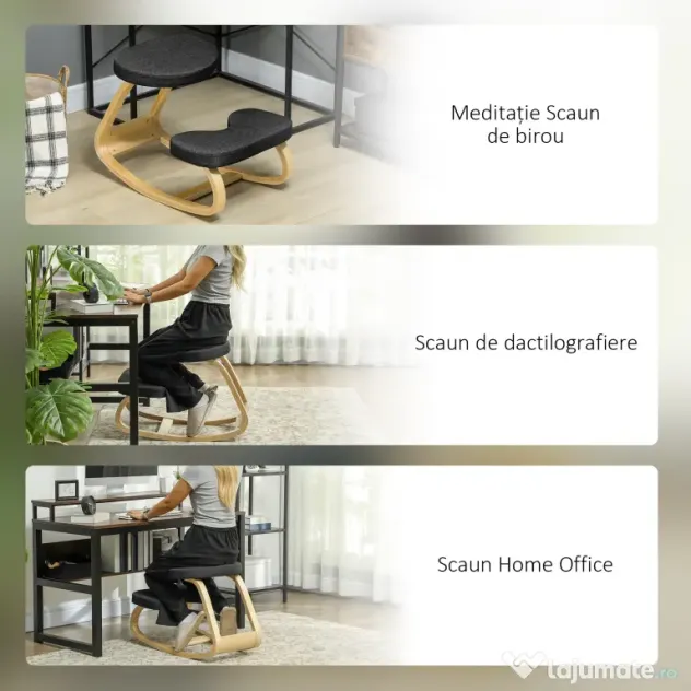 HOMCOM Scaun genunchi ergonomic, din Țesătură cu Aspect de In și Lemn, 50x73x55 cm, Negru | Aosom Romania
