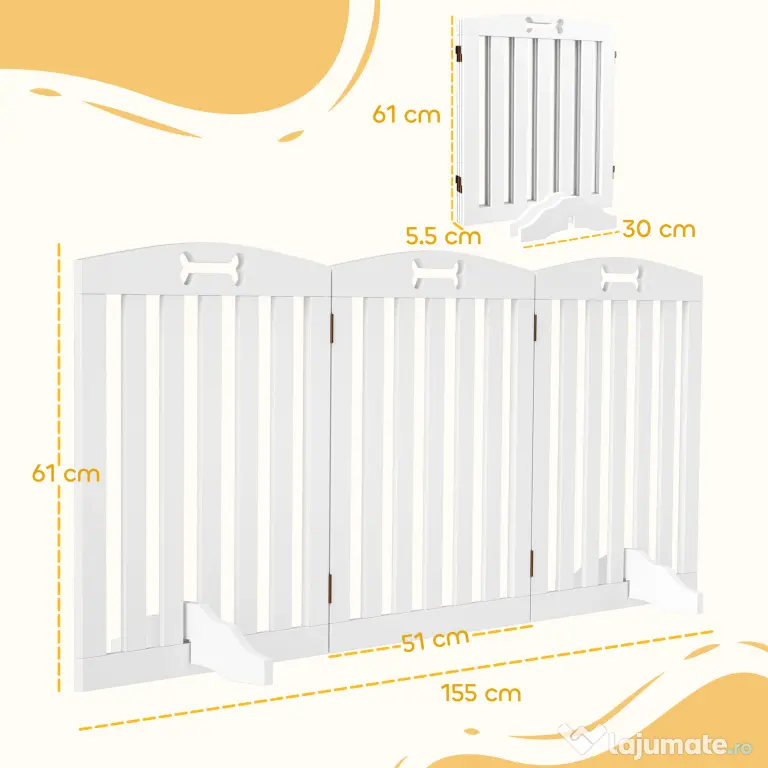 PawHut Separator Pliabil pentru Câini cu 3 Panouri și 2 Suporturi, din Lemn Alb, 155x30x61 cm | Aosom Romania