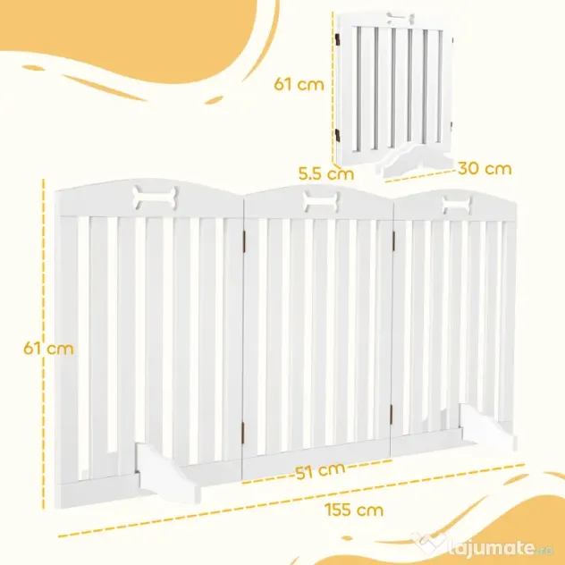 PawHut Separator Pliabil pentru Câini cu 3 Panouri și 2 Suporturi, din Lemn Alb, 155x30x61 cm | Aosom Romania