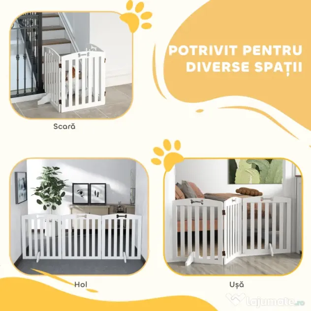 PawHut Separator Pliabil pentru Câini cu 3 Panouri și 2 Suporturi, din Lemn Alb, 155x30x61 cm | Aosom Romania