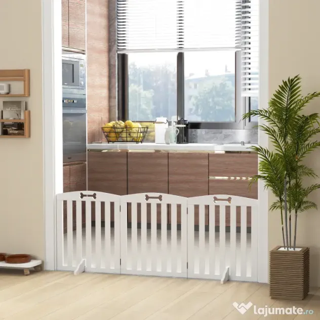 PawHut Separator Pliabil pentru Câini cu 3 Panouri și 2 Suporturi, din Lemn Alb, 155x30x61 cm | Aosom Romania