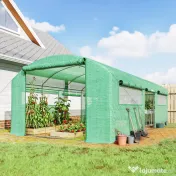 Outsunny Seră Tunel cu 3 Uși Rulante, 6 Ferestre, Țăruși și Frânghii, Seră de Grădină din Oțel Galvanizat, 6x3x2 m, Verde | Aosom Romania 