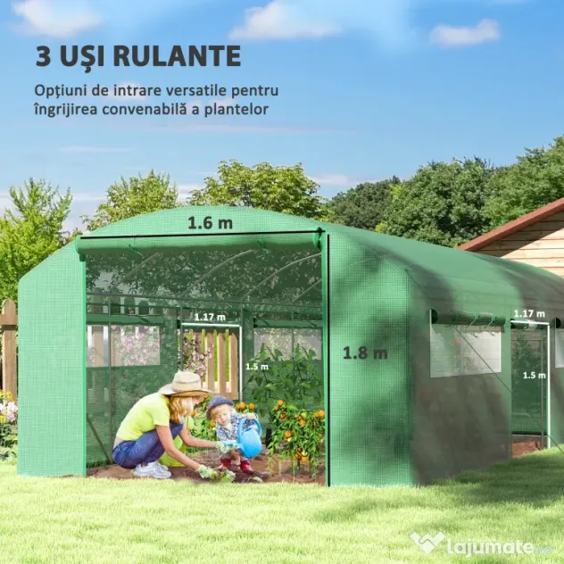 Outsunny Seră Tunel cu 3 Uși Rulante, 6 Ferestre, Țăruși și Frânghii, Seră de Grădină din Oțel Galvanizat, 6x3x2 m, Verde | Aosom Romania