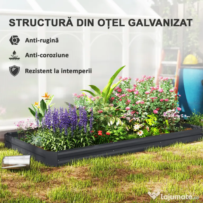 Outsunny Strat de Grădină Înălțat Galvanizat cu Partea Inferioară Deschisă, 240x120x30 cm, Gri | Aosom Romania