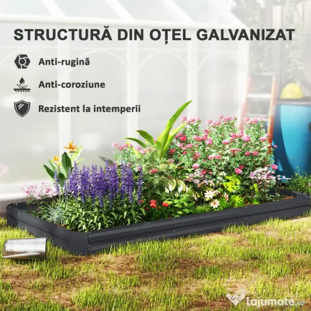 Outsunny Strat de Grădină Înălțat Galvanizat cu Partea Inferioară Deschisă, 240x120x30 cm, Gri | Aosom Romania