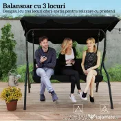 Outsunny Balansoar de Grădină 3 Locuri cu Acoperiș Reglabil și Perne Moi din Poliester, Capacitate 240 kg, 170x110x153 cm, Negru | Aosom Romania 