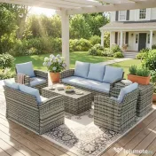 Outsunny Set de mobilier de gradina din ratan de 6 piese, canapea si 2 fotolii tapitate pentru 7 persoane, bej | Aosom Romania