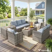 Outsunny Set de mobilier de gradina din ratan de 6 piese, canapea si 2 fotolii tapitate pentru 7 persoane, bej | Aosom Romania 