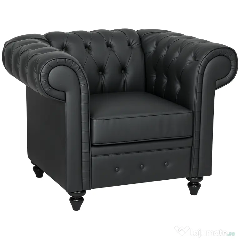 HOMCOM Fotoliu Decorativ Tapițat cu Butoni Decorativi și Picioare din Lemn, 105x86x79 cm, Negru | Aosom Romania