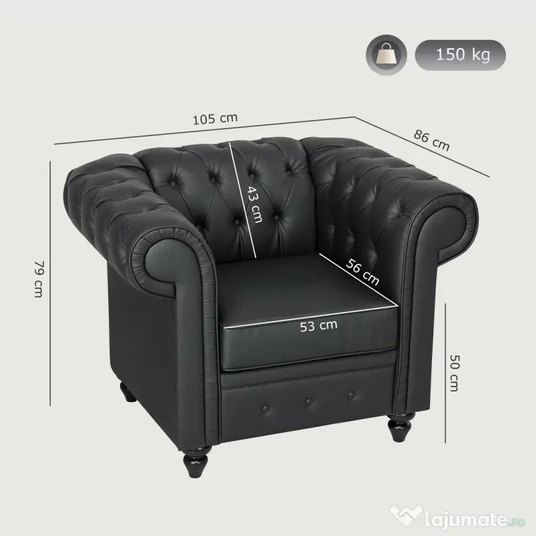 HOMCOM Fotoliu Decorativ Tapițat cu Butoni Decorativi și Picioare din Lemn, 105x86x79 cm, Negru | Aosom Romania