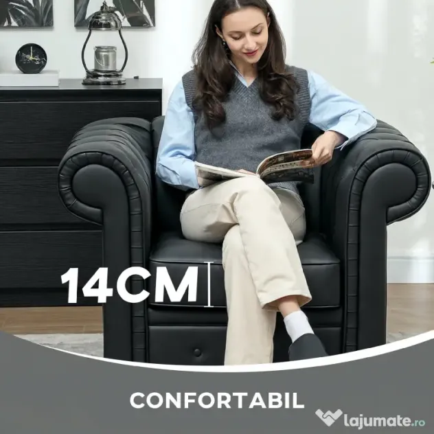 HOMCOM Fotoliu Decorativ Tapițat cu Butoni Decorativi și Picioare din Lemn, 105x86x79 cm, Negru | Aosom Romania
