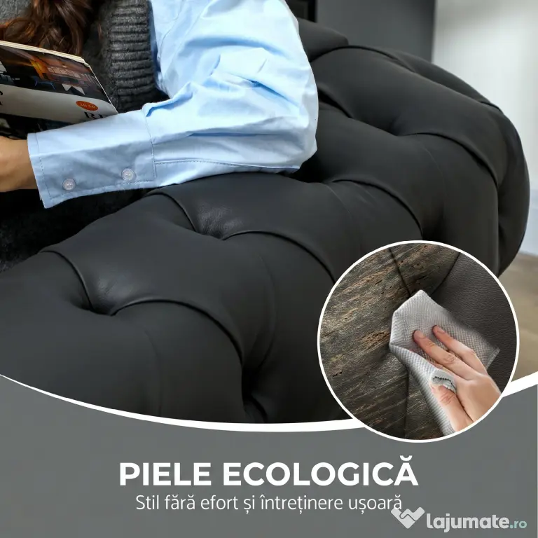 HOMCOM Fotoliu Decorativ Tapițat cu Butoni Decorativi și Picioare din Lemn, 105x86x79 cm, Negru | Aosom Romania