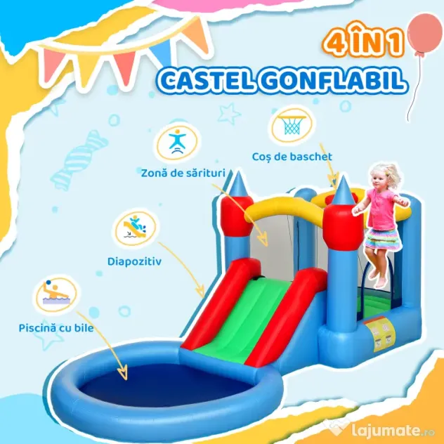 AIYAPLAY Castel Gonflabil Trambulină 4 în 1, Tobogan, 415x205x190cm, Multicolor