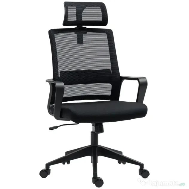 HOMCOM Scaun de Birou Ergonomic cu Tetieră, Înălțime Reglabilă și Funcție de Balansare, 60x64x102-112 cm, Negru | Aosom Romania