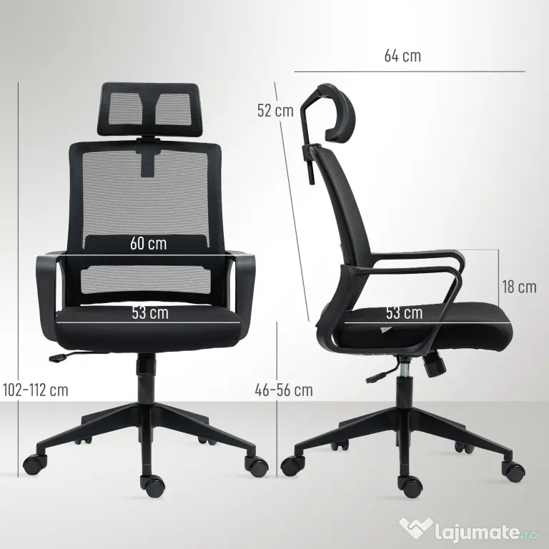 HOMCOM Scaun de Birou Ergonomic cu Tetieră, Înălțime Reglabilă și Funcție de Balansare, 60x64x102-112 cm, Negru | Aosom Romania