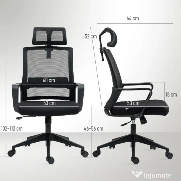HOMCOM Scaun de Birou Ergonomic cu Tetieră, Înălțime Reglabilă și Funcție de Balansare, 60x64x102-112 cm, Negru | Aosom Romania