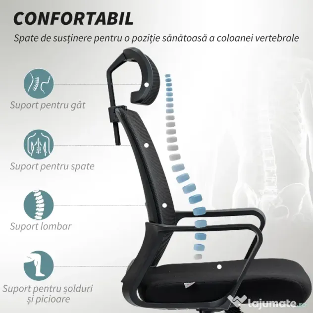 HOMCOM Scaun de Birou Ergonomic cu Tetieră, Înălțime Reglabilă și Funcție de Balansare, 60x64x102-112 cm, Negru | Aosom Romania