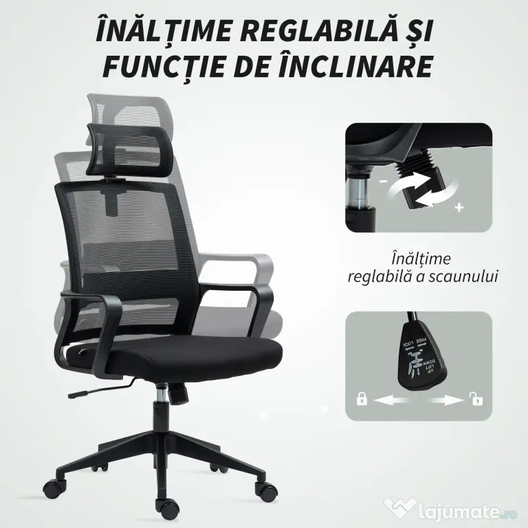 HOMCOM Scaun de Birou Ergonomic cu Tetieră, Înălțime Reglabilă și Funcție de Balansare, 60x64x102-112 cm, Negru | Aosom Romania