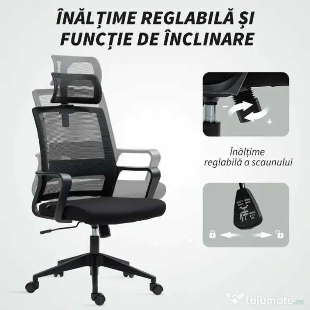 HOMCOM Scaun de Birou Ergonomic cu Tetieră, Înălțime Reglabilă și Funcție de Balansare, 60x64x102-112 cm, Negru | Aosom Romania
