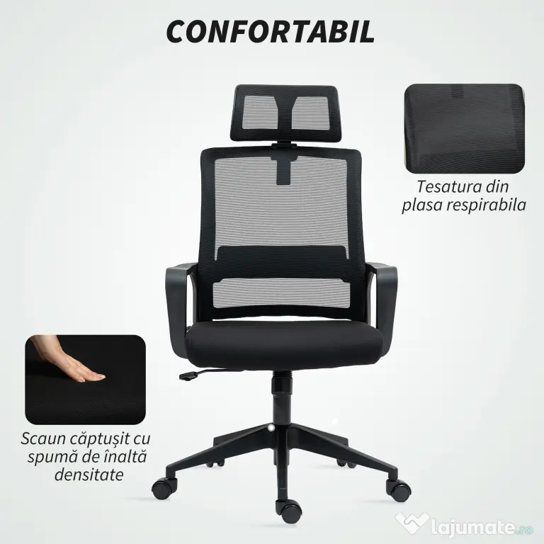 HOMCOM Scaun de Birou Ergonomic cu Tetieră, Înălțime Reglabilă și Funcție de Balansare, 60x64x102-112 cm, Negru | Aosom Romania