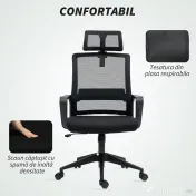 HOMCOM Scaun de Birou Ergonomic cu Tetieră, Înălțime Reglabilă și Funcție de Balansare, 60x64x102-112 cm, Negru | Aosom Romania 
