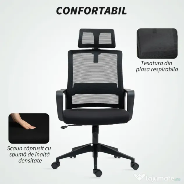 HOMCOM Scaun de Birou Ergonomic cu Tetieră, Înălțime Reglabilă și Funcție de Balansare, 60x64x102-112 cm, Negru | Aosom Romania