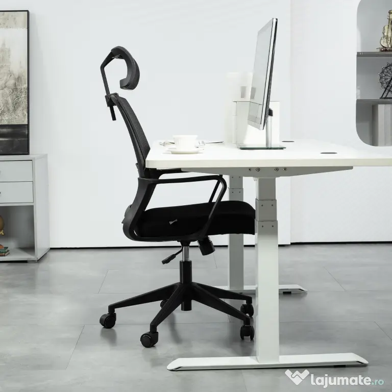HOMCOM Scaun de Birou Ergonomic cu Tetieră, Înălțime Reglabilă și Funcție de Balansare, 60x64x102-112 cm, Negru | Aosom Romania