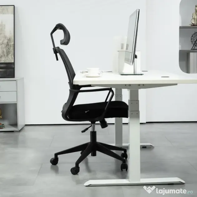 HOMCOM Scaun de Birou Ergonomic cu Tetieră, Înălțime Reglabilă și Funcție de Balansare, 60x64x102-112 cm, Negru | Aosom Romania