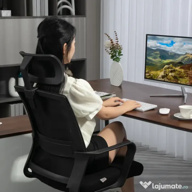 HOMCOM Scaun de Birou Ergonomic cu Tetieră, Înălțime Reglabilă și Funcție de Balansare, 60x64x102-112 cm, Negru | Aosom Romania