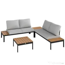 Outsunny Set de Grădină 4 Piese cu 2 Canapele pentru 2 Persoane și 2 Mese din Metal și Lemn Compus, Gri-Negru și Teak