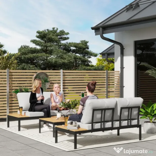 Outsunny Set Mobilier de Grădină din 4 Piese, cu 2 Canapele și 2 Măsuțe de Cafea, 141x64x62 cm, Lemn Natural | Aosom Romania