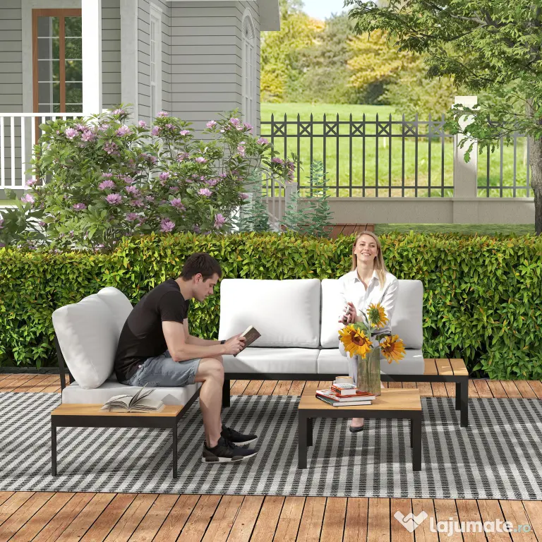 Outsunny Set Mobilier de Grădină din 4 Piese, cu 2 Canapele și 2 Măsuțe de Cafea, 141x64x62 cm, Lemn Natural | Aosom Romania