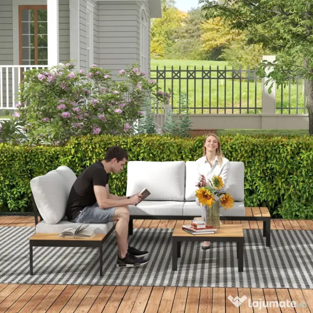 Outsunny Set Mobilier de Grădină din 4 Piese, cu 2 Canapele și 2 Măsuțe de Cafea, 141x64x62 cm, Lemn Natural | Aosom Romania