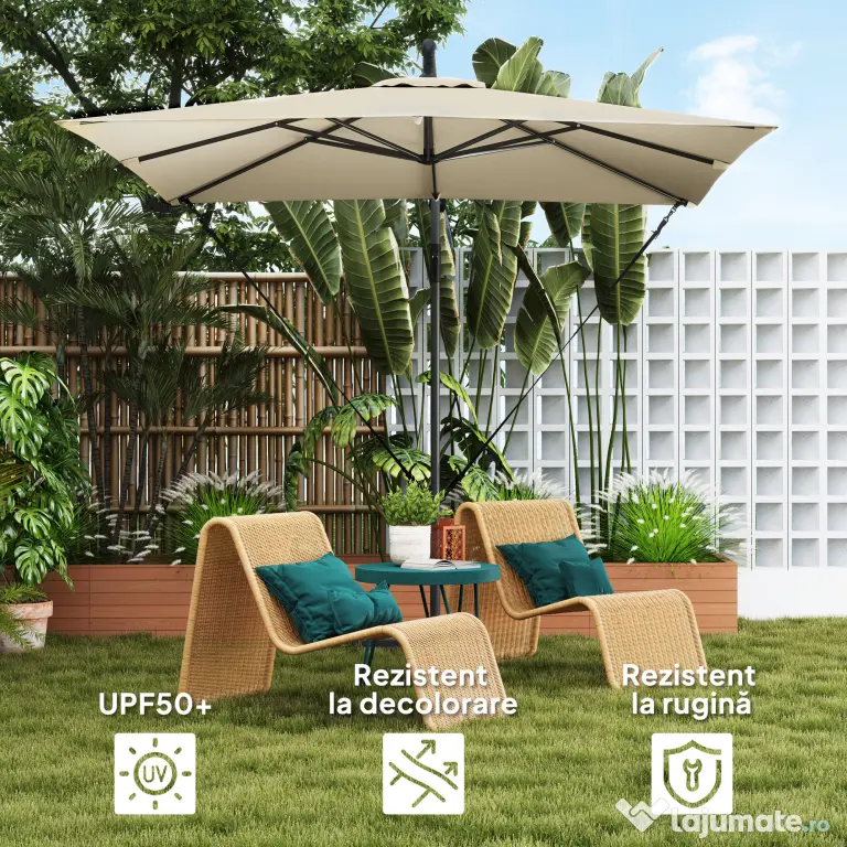 Outsunny Umbrelă de Grădină Suspendată 2.47x2.47 m, Umbrelă de Exterior cu Bază în Cruce, Corzi Antivânt, Bej | Aosom Romania