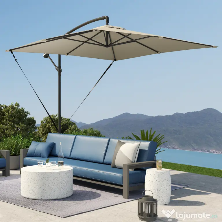 Outsunny Umbrelă de Grădină Suspendată 2.47x2.47 m, Umbrelă de Exterior cu Bază în Cruce, Corzi Antivânt, Bej | Aosom Romania