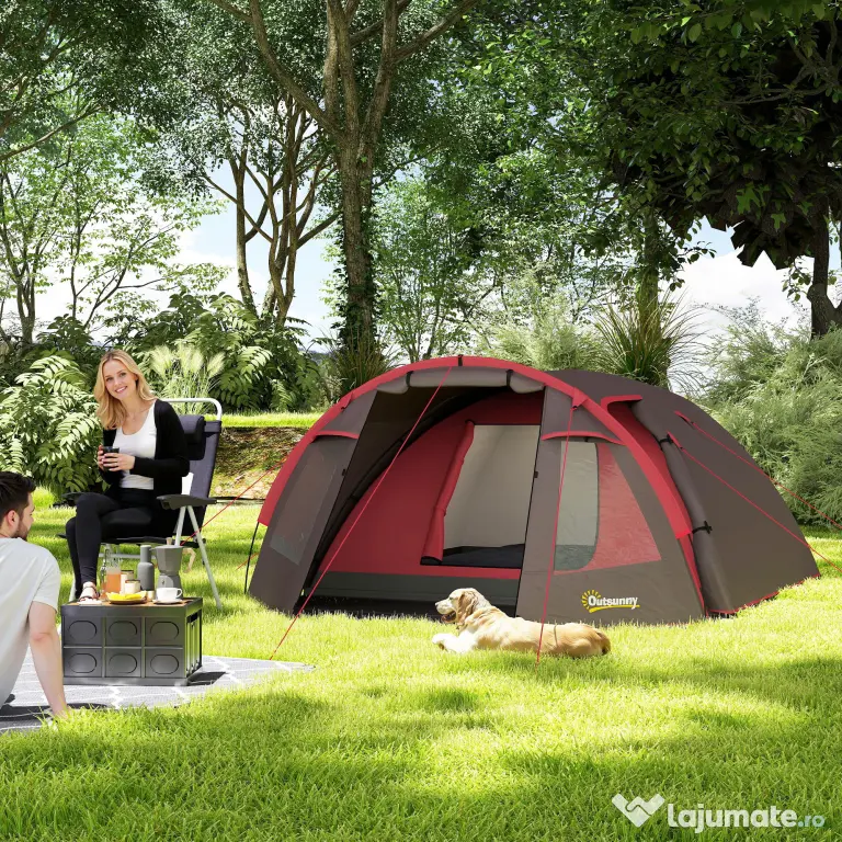 Outsunny Cort de Camping pentru 2-4 Persoane cu 2 Camere, Uși Duble și Geantă de Transport, 360x250x130 cm, Gri | Aosom Romania