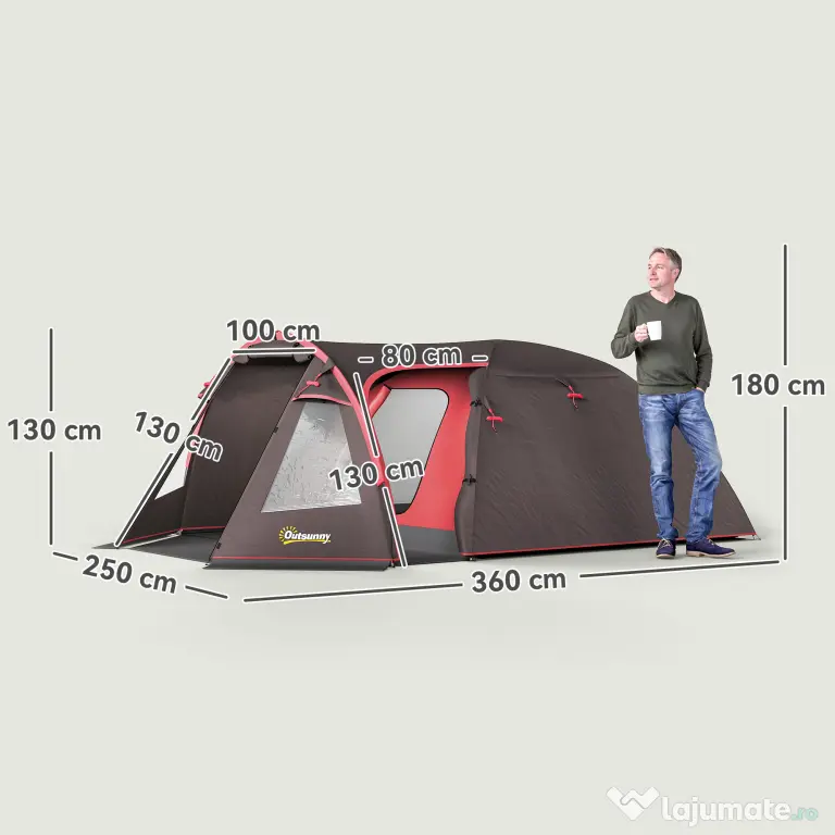 Outsunny Cort de Camping pentru 2-4 Persoane cu 2 Camere, Uși Duble și Geantă de Transport, 360x250x130 cm, Gri | Aosom Romania
