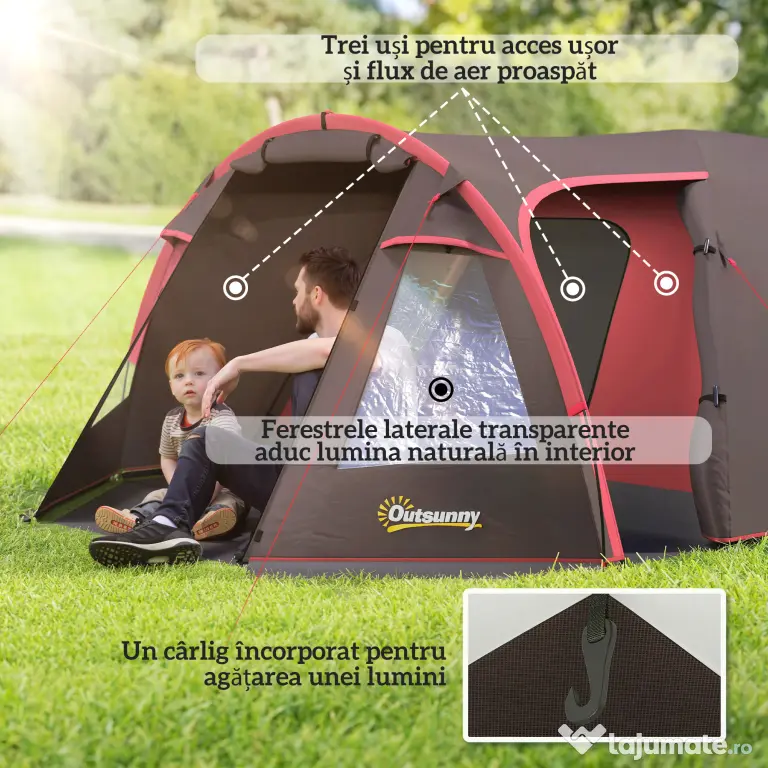 Outsunny Cort de Camping pentru 2-4 Persoane cu 2 Camere, Uși Duble și Geantă de Transport, 360x250x130 cm, Gri | Aosom Romania