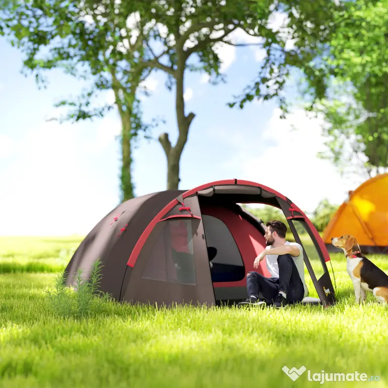 Outsunny Cort de Camping pentru 2-4 Persoane cu 2 Camere, Uși Duble și Geantă de Transport, 360x250x130 cm, Gri | Aosom Romania
