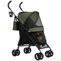 PawHut Cărucior Pliabil pentru Câini cu Lese, Geantă de Depozitare și Suport pentru Pahare, 76x44x103 cm, Verde | Aosom Romania