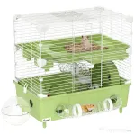 PawHut Cușcă pentru Hamsteri cu 2 Nivele și 3 Uși cu Roată și Tuburi, din Oțel, PS și PP, 44.5x28x44 cm, Verde și Alb