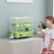 PawHut Cușcă pentru Hamsteri cu 2 Niveluri și 3 Uși cu Roată și Tuburi Verde și Alb | Aosom Romania 