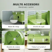 PawHut Cușcă pentru Hamsteri cu 2 Niveluri și 3 Uși cu Roată și Tuburi Verde și Alb | Aosom Romania 