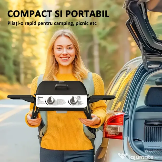 Outsunny Grătar pe Gaz Portabil cu 2 Arzătoare și Capac cu Termometru, Negru | Aosom Romania