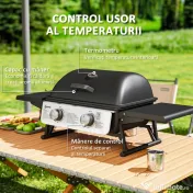 Outsunny Grătar pe Gaz Portabil cu 2 Arzătoare și Capac cu Termometru, Negru | Aosom Romania 