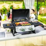 Outsunny Grătar pe Gaz Portabil cu 2 Arzătoare și Capac cu Termometru, Negru | Aosom Romania 