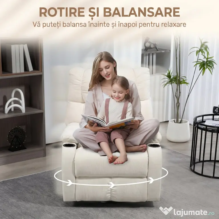 HOMCOM Fotoliu Modern Reclinabil 135° cu Suport pentru Picioare și Suporturi pentru Pahare Bej | Aosom Romania