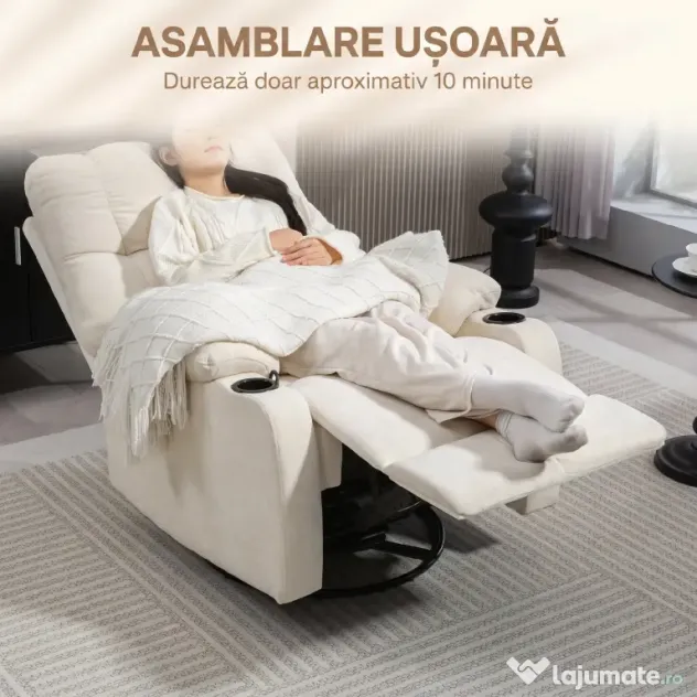 HOMCOM Fotoliu Modern Reclinabil 135° cu Suport pentru Picioare și Suporturi pentru Pahare Bej | Aosom Romania