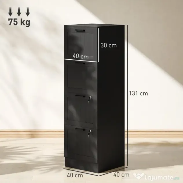 HOMCOM Comodă pentru Documente cu 4 Sertare, Șină Reglabilă, 2 Chei și 2 Încuietori, 40x40x131 cm, Negru | Aosom Romania