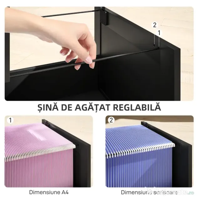 HOMCOM Comodă pentru Documente cu 4 Sertare, Șină Reglabilă, 2 Chei și 2 Încuietori, 40x40x131 cm, Negru | Aosom Romania
